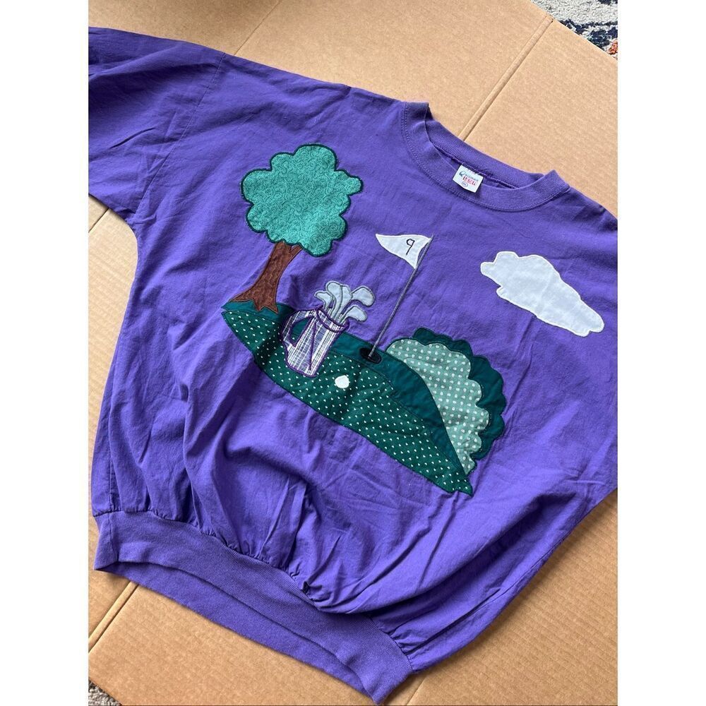 VTG 90sāGolf Applique Tee USA Cottagecore Eclectic Grandpa Art Shirt XL